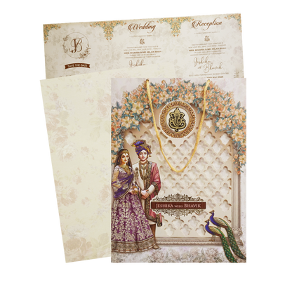 Cream Floral Laser Cut Royal Couple Wedding Card