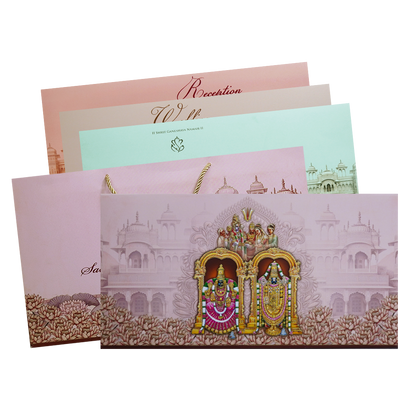 Pink God Themed Embossed Hindu Wedding Card