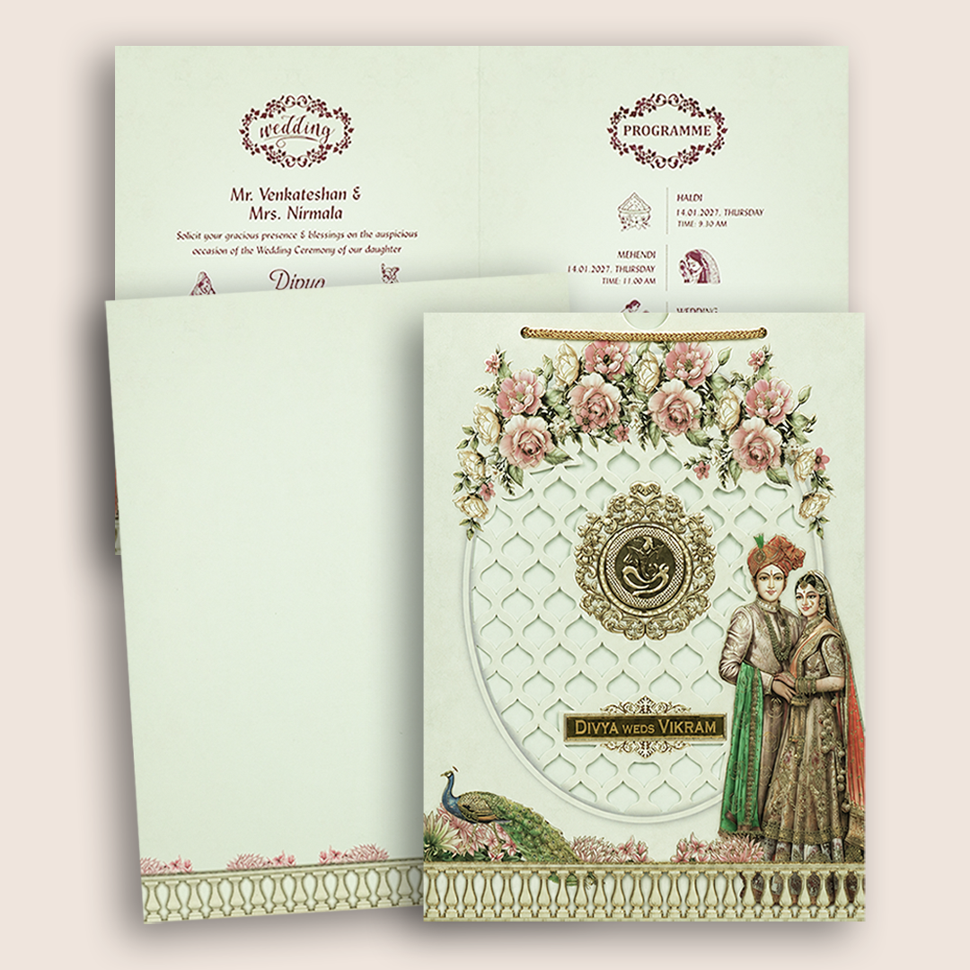 Pastel Green Laser-Cut Floral Bag Style Wedding Card