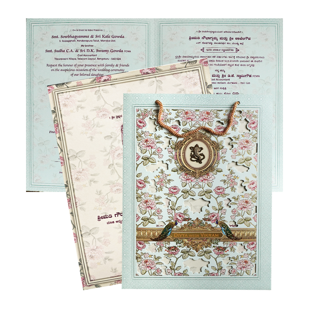Blue Laser-Cut Floral Bag Style Wedding Card