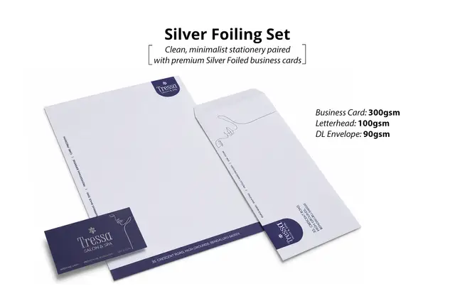 Elevate your business identity with premium stationery featuring elegant Spot UV business cards that create a refined first impression. Business Card Finish: Spot UV, Gold Foil, or Silver Foil on 300 GSM Lykam Matt Paper Letterheads: 100 GSM Excel Bond Pa